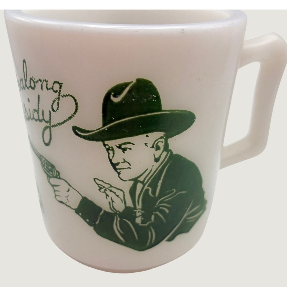 Hopalong Cassidy Mug 3in White Green Vintage Milk Glass Cowboy Western Graphic